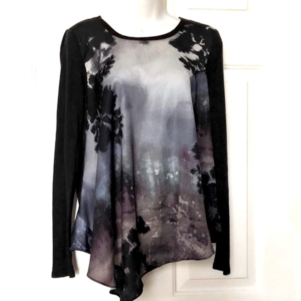 Simply Vera Wang Black Asymmetrical Floral Ombré Long Sleeve Top Size XS